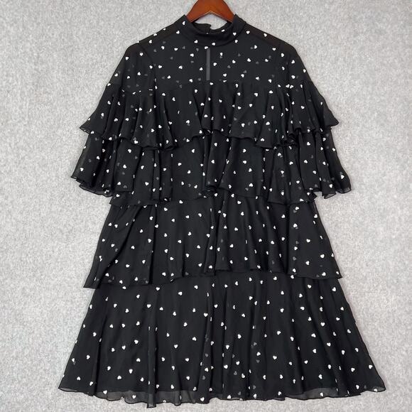 Kate Spade Black Heart Embroidered Tiered Ruffle Mini Dress Size 8 - Picture 2 of 10